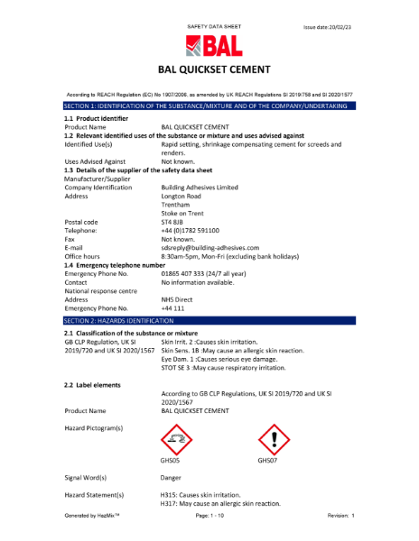 BAL Quickset Cement Material Safety Datasheet