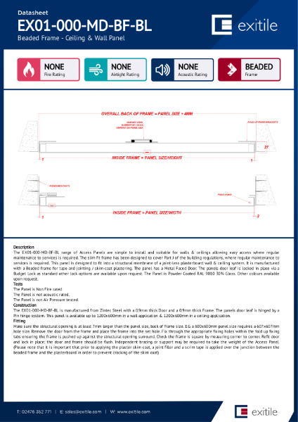 Datasheet - Slimfit Metal Access Panel - Beaded Frame - Non Fire Rated