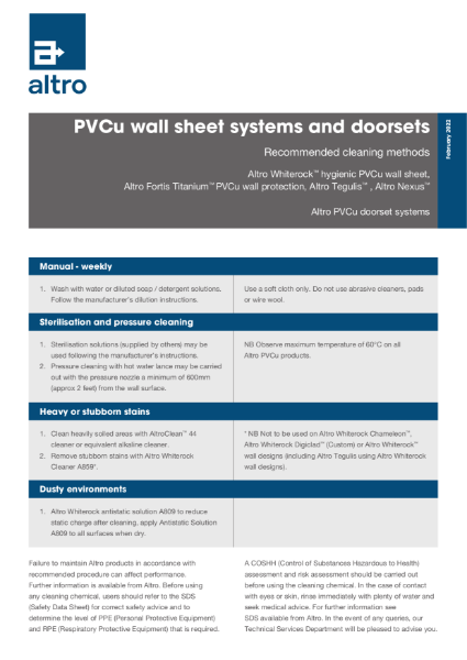 Altro Technical Cleaning Guide Altro wall sheet systems and doorsets