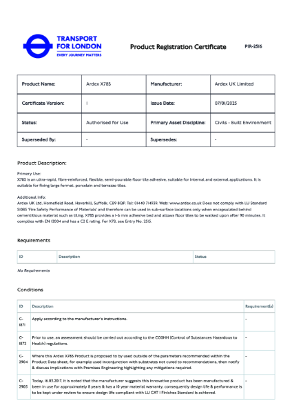 Transport For London Product Registration Certificate - ARDEX X 78 S