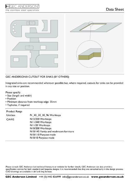 GEC Anderson Data Sheet - Cutout For Sinks