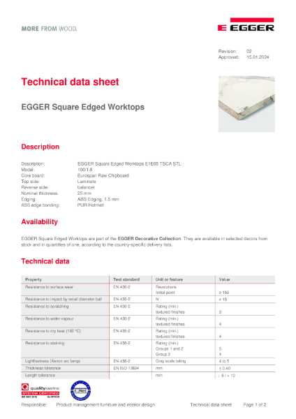 Technical Datasheet - Worktop 25mm Square-Edged