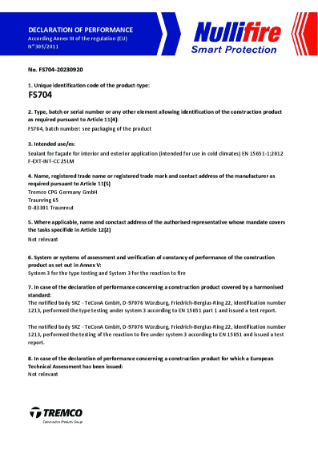 FS704 Fire Resistant Hybrid Sealant Declaration of Performance