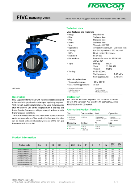 FlowCon IVC PN16 Lever Operated Fully Lugged Butterfly Valve