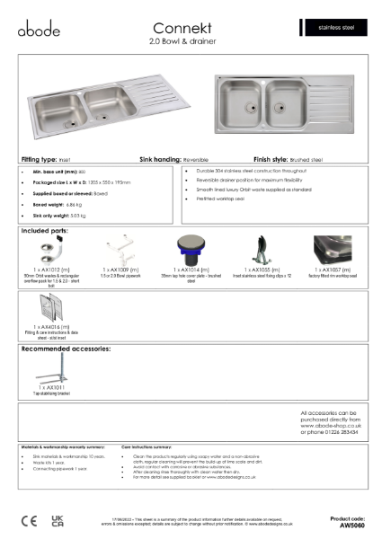 Connekt, Stainless Steel Sink - Double Bowl with Drainer. Consumer Specification