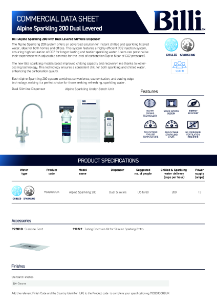 Alpine Sparkling 200 Dual Levered Slimline Dispenser Datasheet