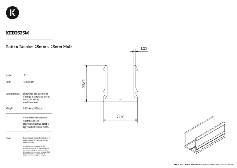 KEB2525M 25 x 25 mm profile (M) batten