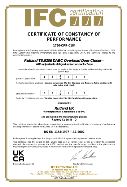 TS.9206 - BS EN 1154 - UKCA - Certificate of Constancy of Performance - IFC