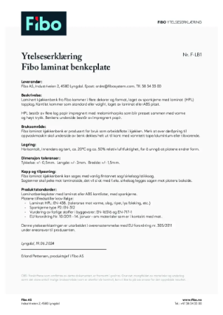 Fibo Laminat Benkeplater Ytelseserklaering