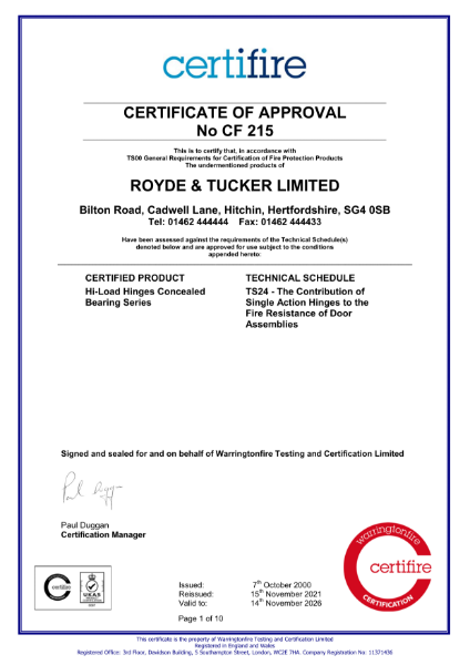 R & T Certificate of Approval CF 215