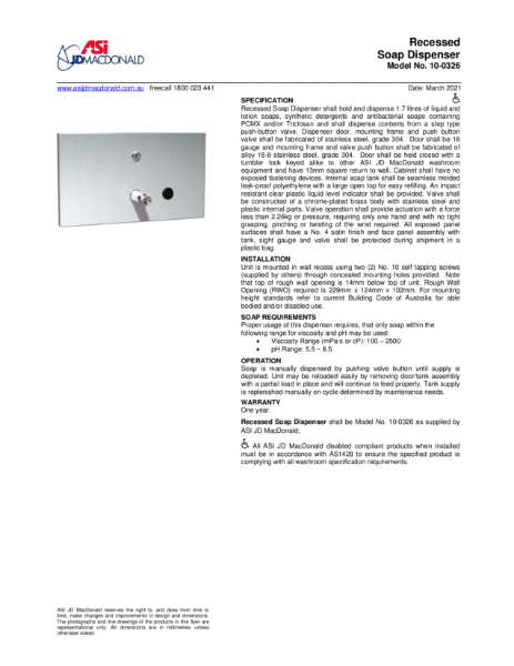 Recessed Soap Dispenser Specification Sheet