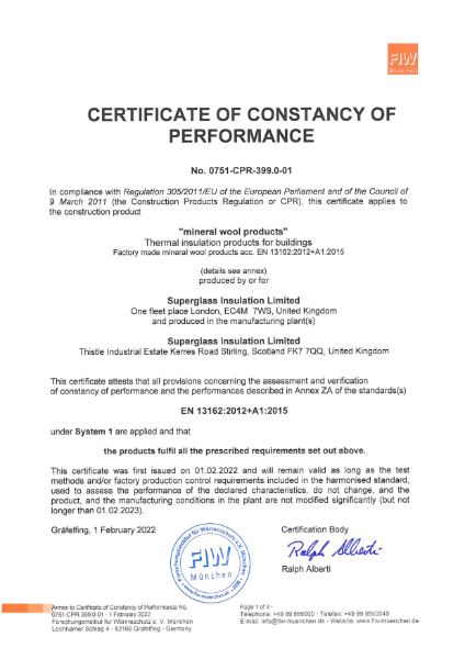 CE Certificate - Cured Glass Mineral Wool Insulation 