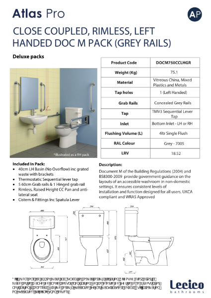 Atlas Pro Rimless DeLuxe Close Coupled DocM Pack Left Hand 40cm Basin Grey Rails Data Sheet