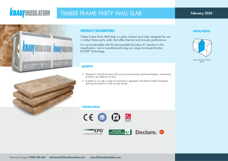 Knauf Insulation Timber Frame Party Wall Slab - Product Datasheet
