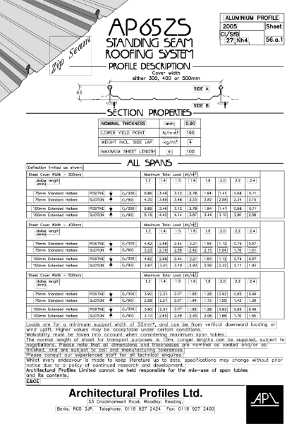 AP65ZS - Aluminium - Roofing Data Sheet