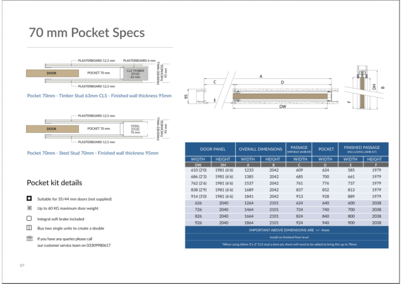 70mm Single/Double Pocket Door Spec Sheet