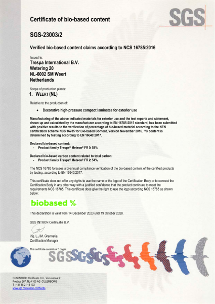 Certificate of bio-based content Trespa® Meteon® FR-grade