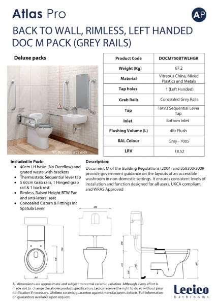 Atlas Pro Rimless DeLuxe Back to Wall DocM Pack Left Hand 40cm Basin Grey Rails Data Sheet