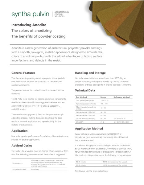 Product Data Sheet Anodite collection