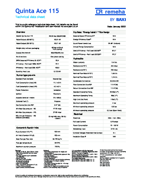 Baxi Quinta Ace 115 -  Technical Specification