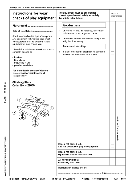 Timberplay Climbing Structure Frames - Climbing Stack - Maintenance Instructions