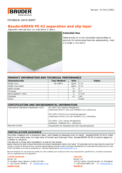 BauderGREEN PE 02 separation and slip layer - Technical Data Sheet