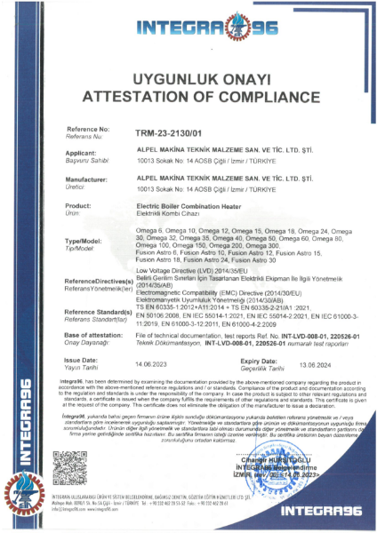 CE ASTRO ELECTRIC COMBI CERTIFICATE