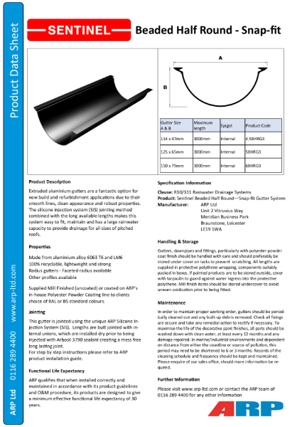 Sentinal Beaded Half Round Data Sheet