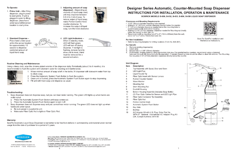 Designer Series Automatic, Counter-Mounted Soap Dispenser Instructions for Installation, Operation and Maintenance - Bobrick Models B-850, B-852, B-855, B-856, B-858 Liquid Soap Dispenser