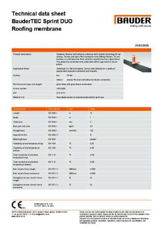 BauderTEC Sprint DUO Underlayer - Technical Data Sheet