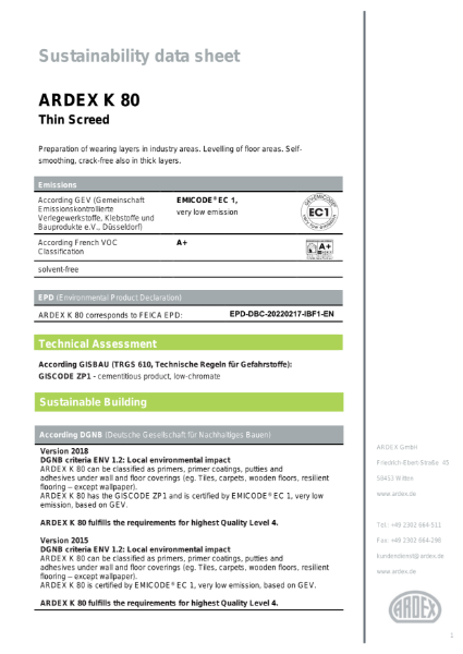 ARDEX K 80 Sustainability Data Sheet