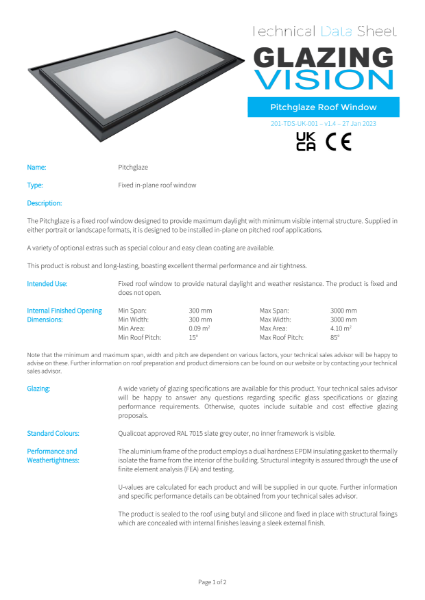 Pitchglaze Roof Window Technical Data Sheet