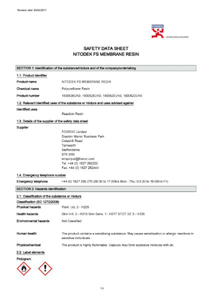 Nitodek FS Membrane Resin Safety Datasheet