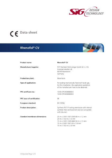 FDT Rhenofol CG PVC Single Ply Roofing Membrane Datasheet