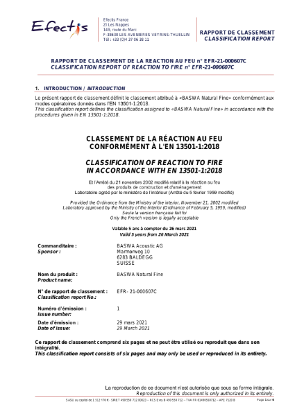 Classification of reaction to fire - BASWA Natural Fine 