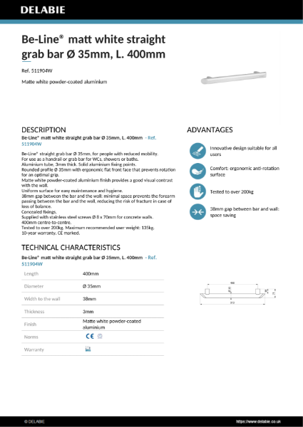 Be-Line® Grab Bars - White, 400 mm Product Data Sheet