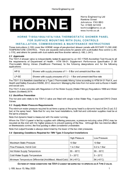 Instructions - Horne TSV1-3 Thermostatic Shower Panels