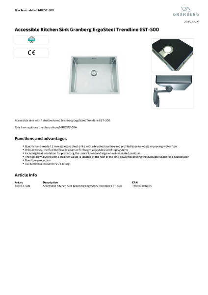 Technical Data Sheet Granberg Sink EST-500