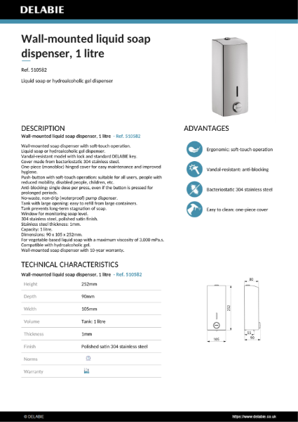 Push-Button Soap Dispenser - Polished Satin, 1 Litre Product Data Sheet