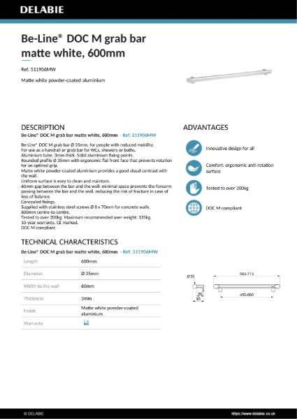 Be-Line® Grab Bars - White, 600 mm Doc M Product Data Sheet