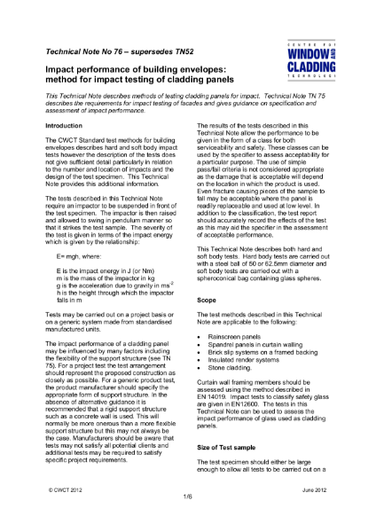 TN76 – Impact performance of building envelopes: method for impact testing of cladding panels