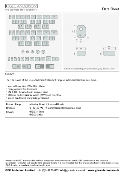 GEC Anderson Data Sheet - Sink Bowl: T29