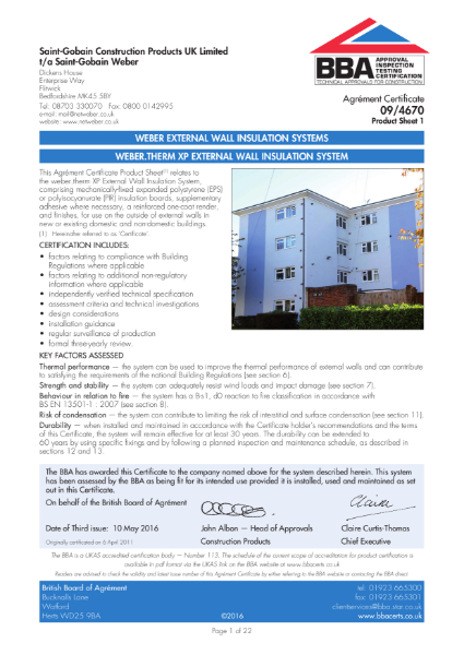 09/4670 Weber.Therm XP External Wall Insulation System (Product Sheet 1)