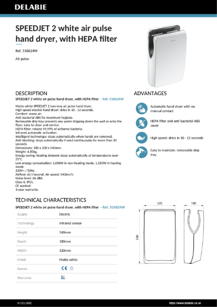 SPEEDJET 2 hand dryer - Matte White Product Data Sheet