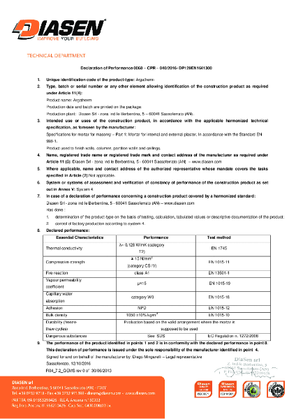 Diasen Argatherm Declaration of Performance (DOP) EN 1641300 (CE)