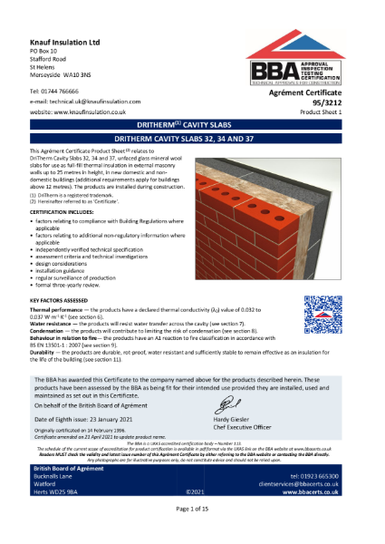 Knauf Insulation DriTherm® Cavity Slabs - BBA Certificate 95/3212