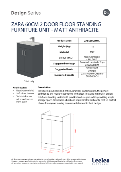 Zara 60 cm 2 Door Floor Standing Unit - Matt Anthracite