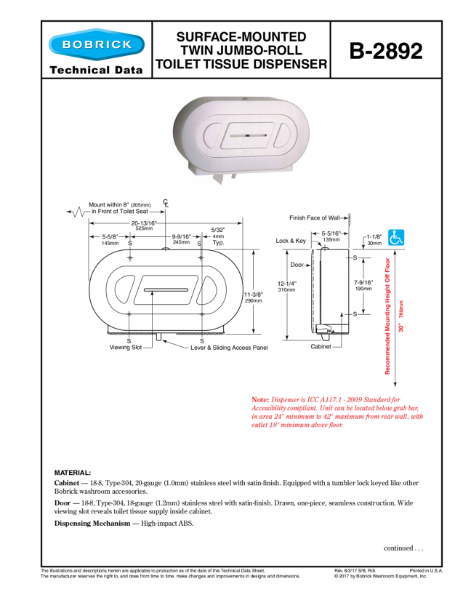 Surface-Mounted Twin Jumbo-Roll Toilet Tissue Dispenser - B2892