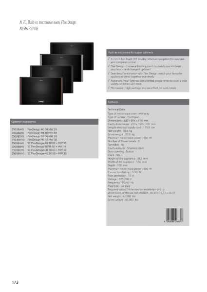 Microwave Ovens Grey trim NL9WR21Y1B, Datasheet