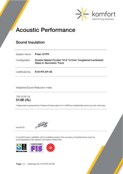 K101FR-AP-08 | Acoustic Performance | Polar 101FR | Pyrobel 16 & 13.5mm Toughened Laminated | 51dB (Rw)